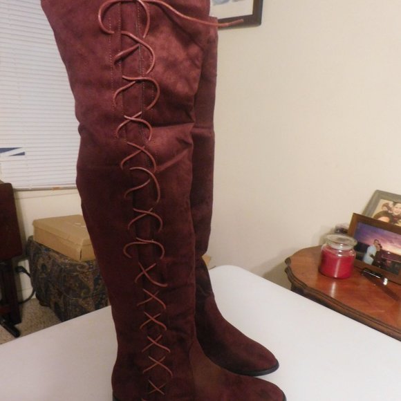 Bella Marie Shoes - Bella Marie Swift  Wine Suede Over the Knee Boots